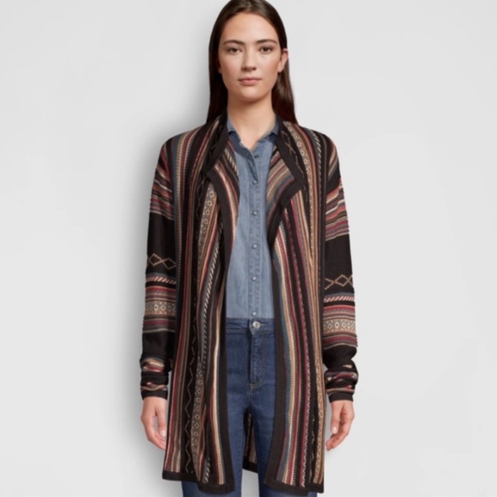 Orvis Wool Blend Cardigan Sweater Aztec Southwestern Open Front Heavy Knit Small